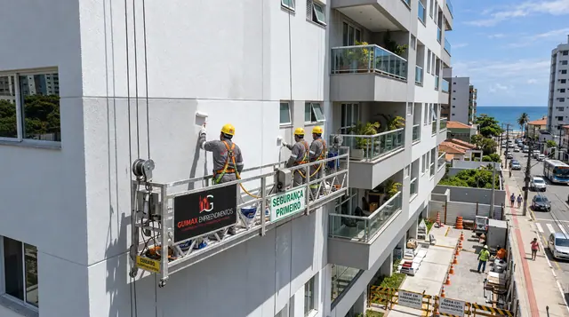 Equipe em balancim trabalhando na fachada de um edifício