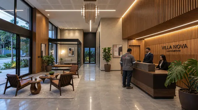 Hall de entrada de um condomínio com recepção e área de estar